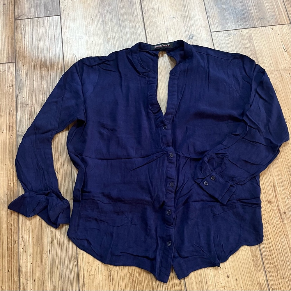 Jealous Tomato Deep Blue Button-Up Shirt with Keyhole Back